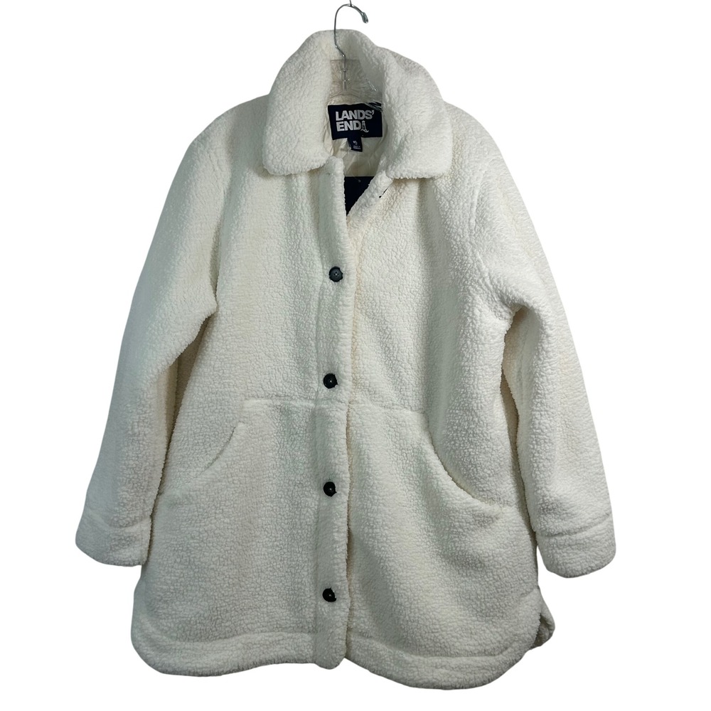 Lands End Womens XL Ivory Sherpa Fleece Button Front Quilted Lining Car Coat
